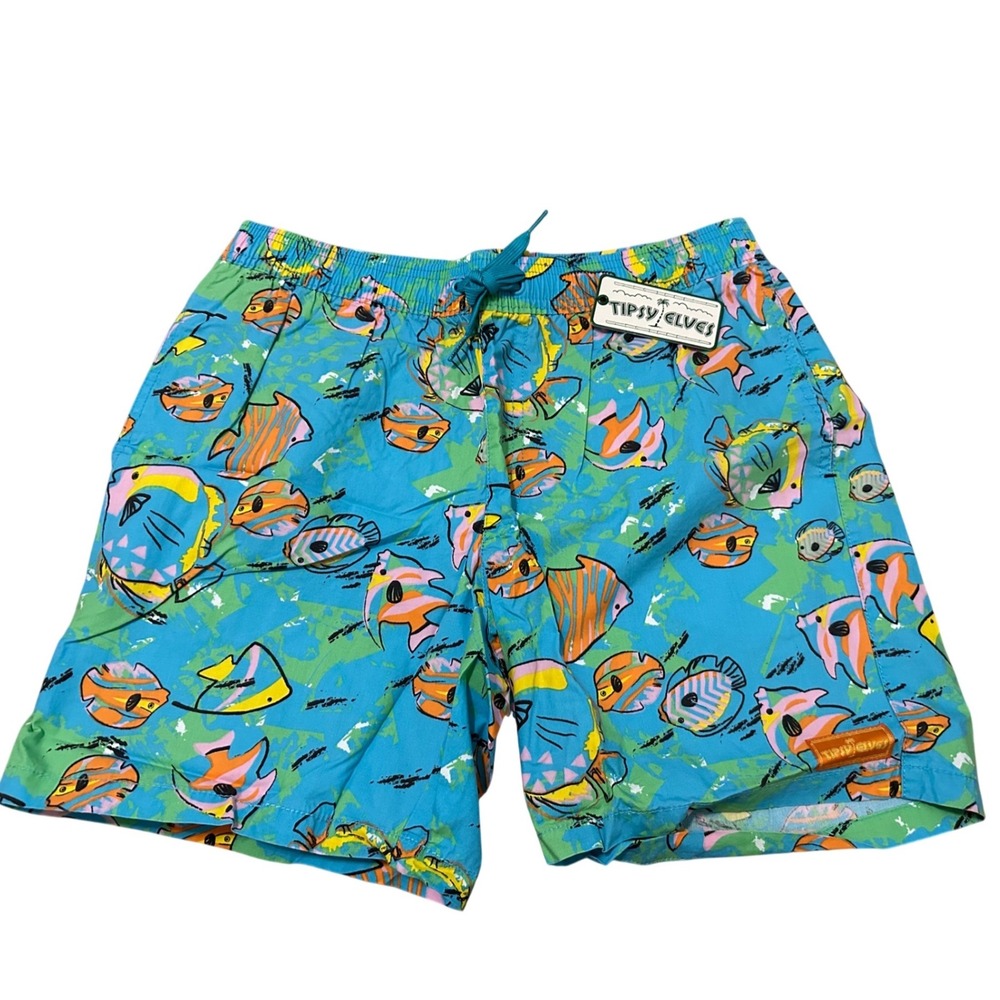 Tipsy Elves Mens Aquarium Blue Tropical Fish Swim Trunks Shorts 4-Way Stretch M